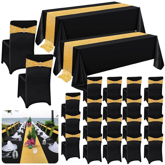 44 Pcs Tablecloth Chair Covers Chair Sashes Set, Spandex Chair Covers Sequin Chair Sashes Satin Table Runner for Wedding Hotel Banquet Party (Black and Gold)