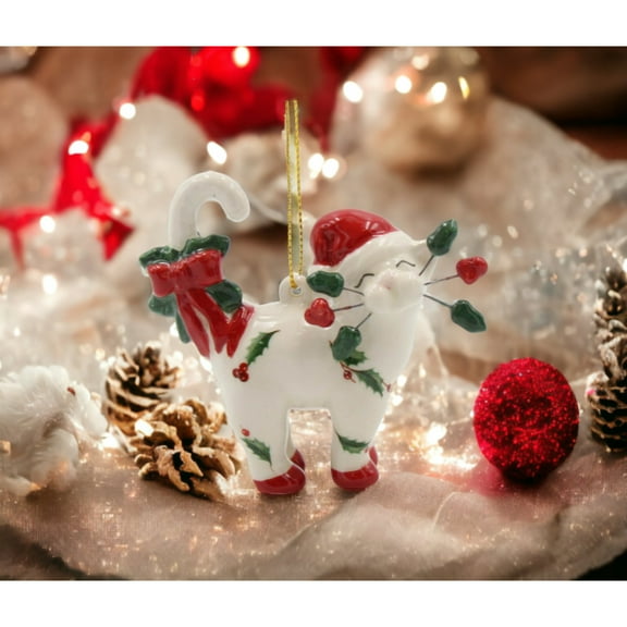 Ceramic Christmas Cat Ornament 3.25 Inch Holiday Home