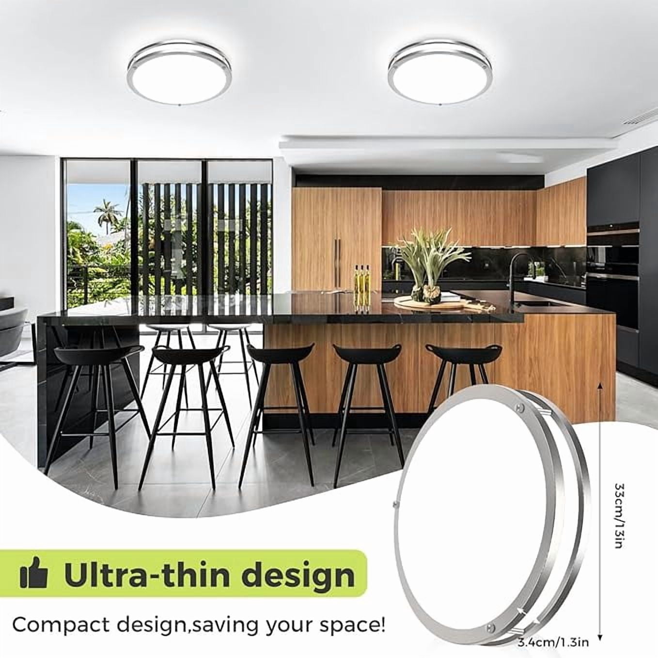 13 Inch Dimmable LED Ceiling Light, 24W Flush Mount Fixture with Adjustable Color Temperature for Kitchen, Bedroom and Bathroom