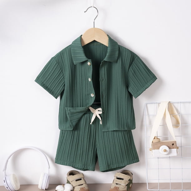 MKLEKYY conjunto de 2 Piezas de Ropa para Bebés y Niños Pequeños, Camisa Acanalada con Botones y Pantalones Cortos con Bolsillo, 12 Meses, 6T, Sin Camiseta