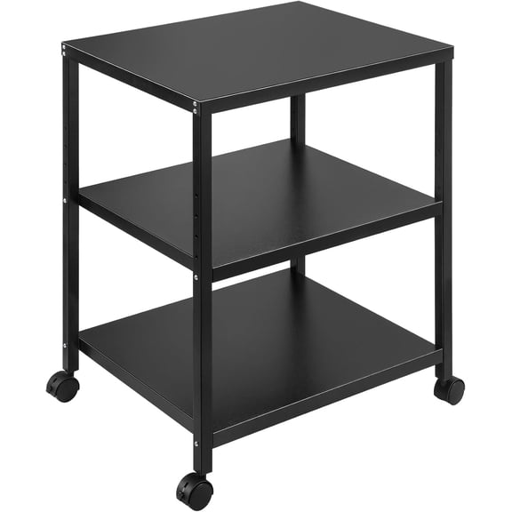 3-Tier Under Desk Printer Stand, 30-Inch Deep Large Printer Table with Height-Adjustable Shelf & 4 Lockable Wheels, Space-Saving Organizer for Home & Office