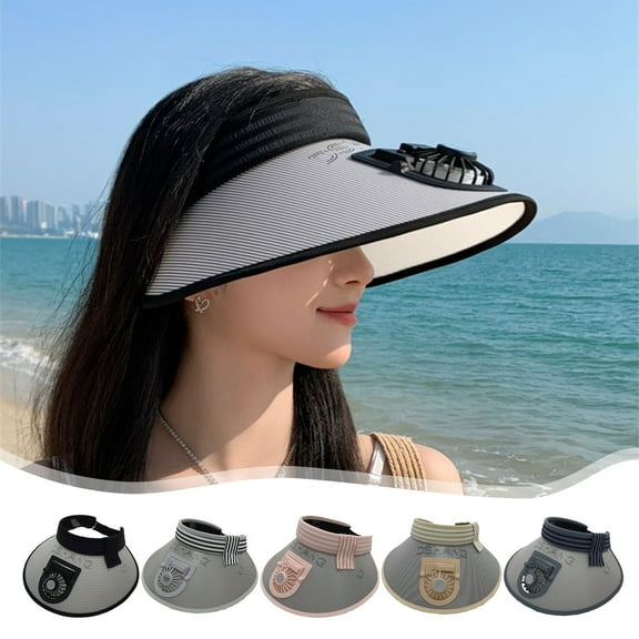 Black Sun Visor Hat with Built-in Fan, USB Rechargeable Wide Brim UV Protection Hat, Adjustable Cooling Visor for Beach Travel Gardening