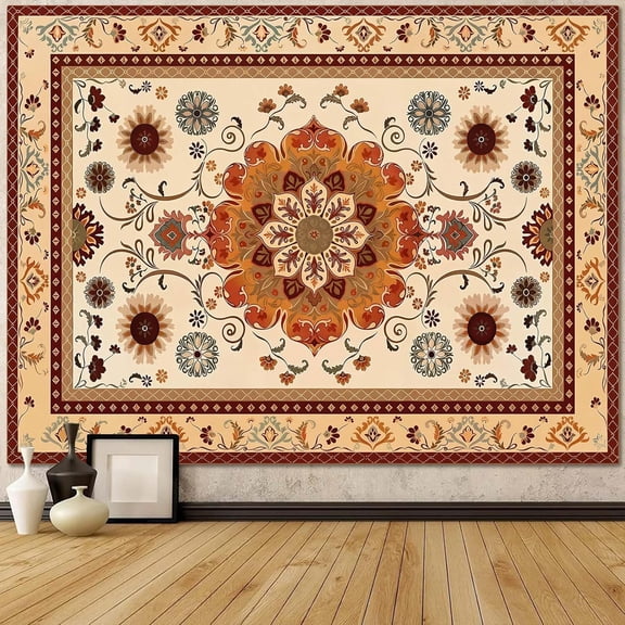 Beige Yellow Vintage Floral Medallion Mandala Wall Tapestry, Boho Hippie Indian Aesthetic Wall Hanging Mural 48 x 36 Inch, Small Decor for Bedroom Living Room Dorm