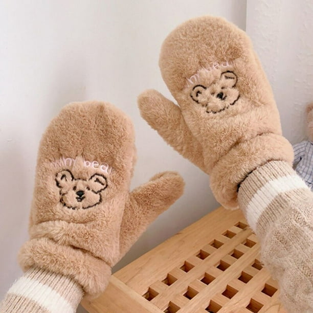 Guantes de felpa suave con bordado de oso para mujer, guantes sin dedos gruesos cálidos de invierno para niñas, guantes para estudiantes, calentadores para exteriores, regalos, talla única Gao Jinjia LED