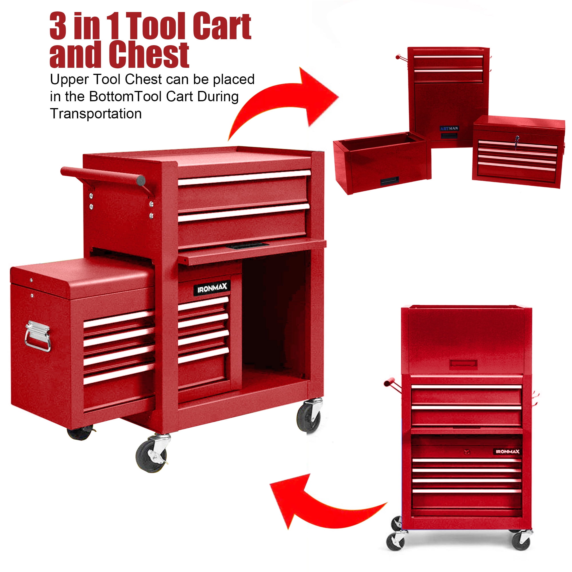 Aukfa Tool Box, 3 in 1 Steel Rolling Tool Chest w/ 6-Drawers & 2 Cabinet for Garage Workshop, Red