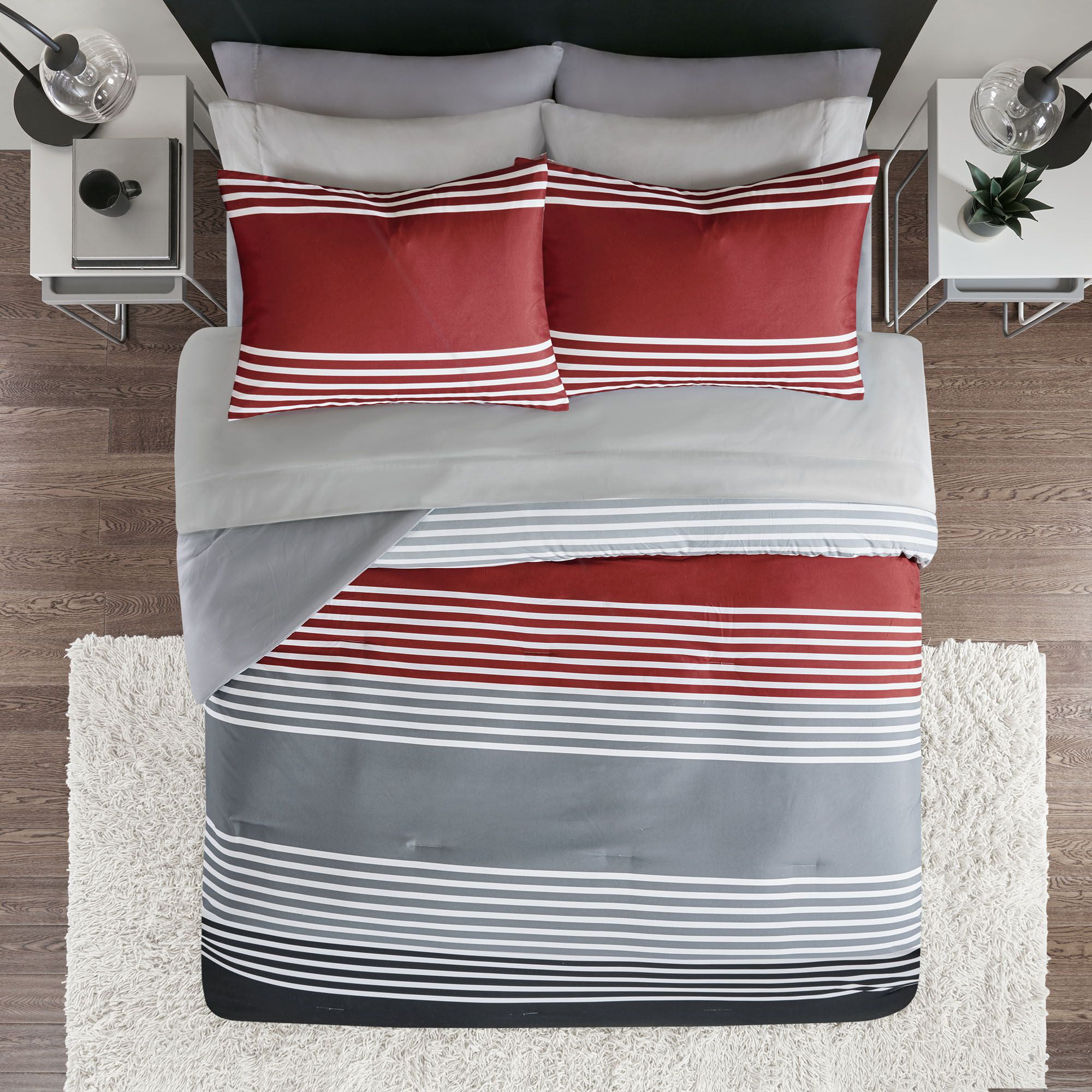 White Stripe Black Red Comfort Spaces Queen Comforter and Sheet Set 9pc Gray 