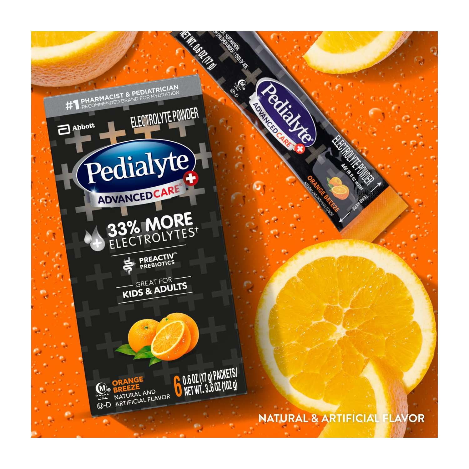(6 pack) Pedialyte AdvancedCare Plus Electrolyte Powder, Orange Breeze, 6 Powder Packets