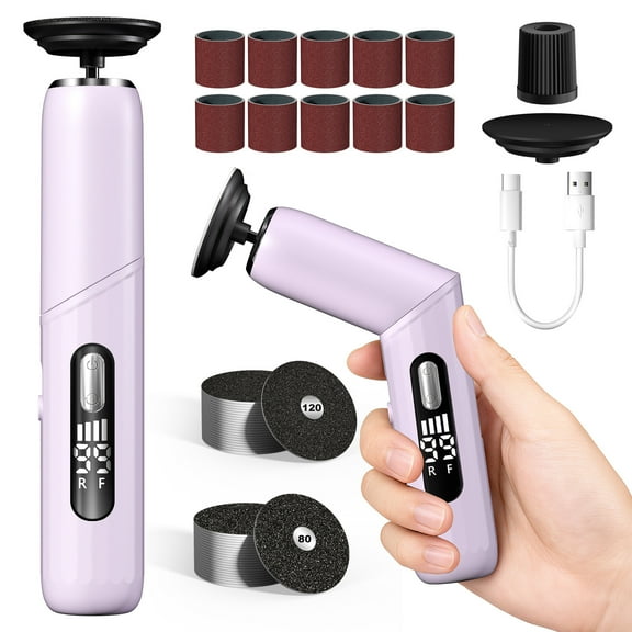 Electric Foot Callus Remover, Foldable Design, Rechargeable Electric Foot File, 2-in-1 Grinding Heads for Large Area Callus Removal and Nail Drill, 0-900RPM Nail Care,Purple