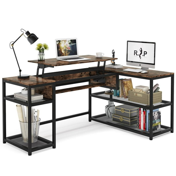 Lift Top LShaped Desk, Industrial Height Adjustable Corner Computer