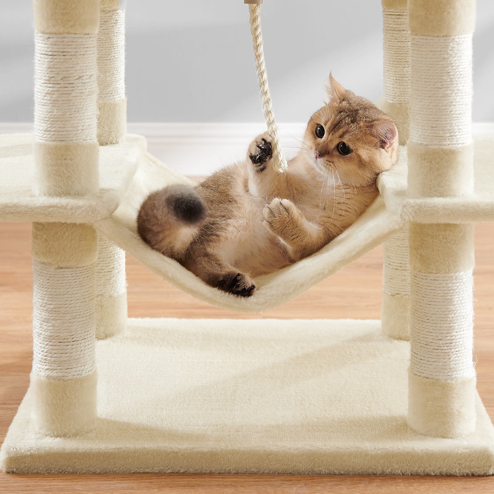 LEDREM 66.1" Large Cat Tree - 13 Scratching Posts, 2 Perches & 2 Caves, Multi-Level Plush Cat Condo with Hammock, Beige