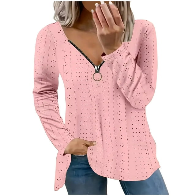 Timegard Hauts Grande Taille pour Femmes Col en V Fermeture Éclair Illet Manches Longues Blouse Tunique Décontractée Habillée