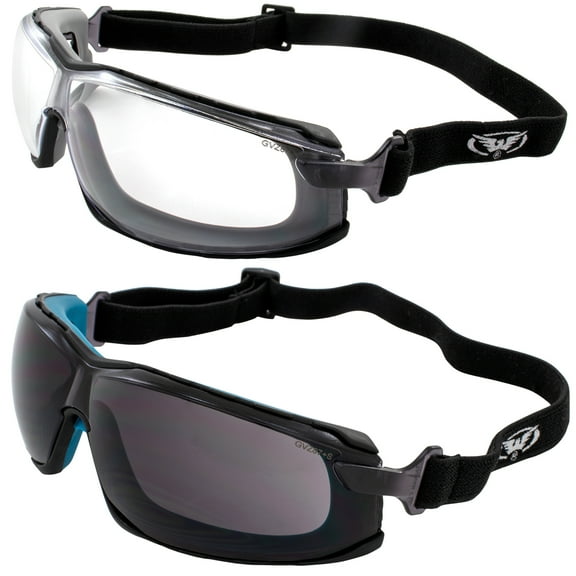 2 Pairs of Global Vision Sunn Up Motorcycle Safety Goggles ANSI Z87.1 Scratch-Resistant Anti-Fog Gray Frame w/ Clear Lens & Blue Frame w/ Smoke Lens