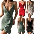 thumbnail image 6 of KOMOO Women Ruched Bodycon Dress Spaghetti Straps Ruffled Irregular Split Dress Deep V Neck Slim Mini Dress, 6 of 6