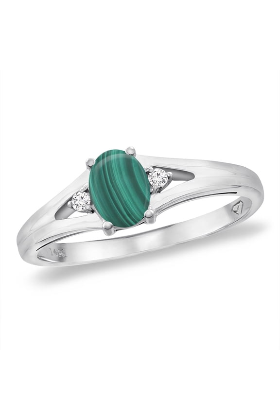 14K White Gold Diamond Natural Malachite Engagement Ring Oval 6x4 mm, size 6