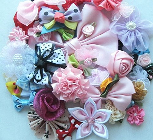 Chenkou Craft 12PCS 60mm Assorted Chiffon Ribbon Flowers Bows W/Beads Appliques Wedding Decor Bulk Lots 