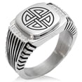 thumbnail image 1 of Stainless Steel Shield Knot Viking Norse Rune CZ Ribbed Needle Stripe Pattern Biker Style Polished Ring, 1 of 1
