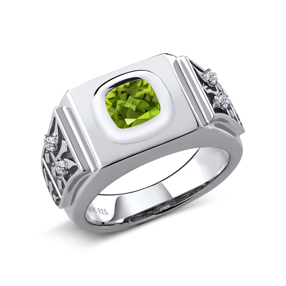 Gem Stone King 2.49 Cttw 8MM Cushion Green Peridot and White Topaz 925 Sterling Silver Ring for Men | Gemstone Birthstone (Size 11)