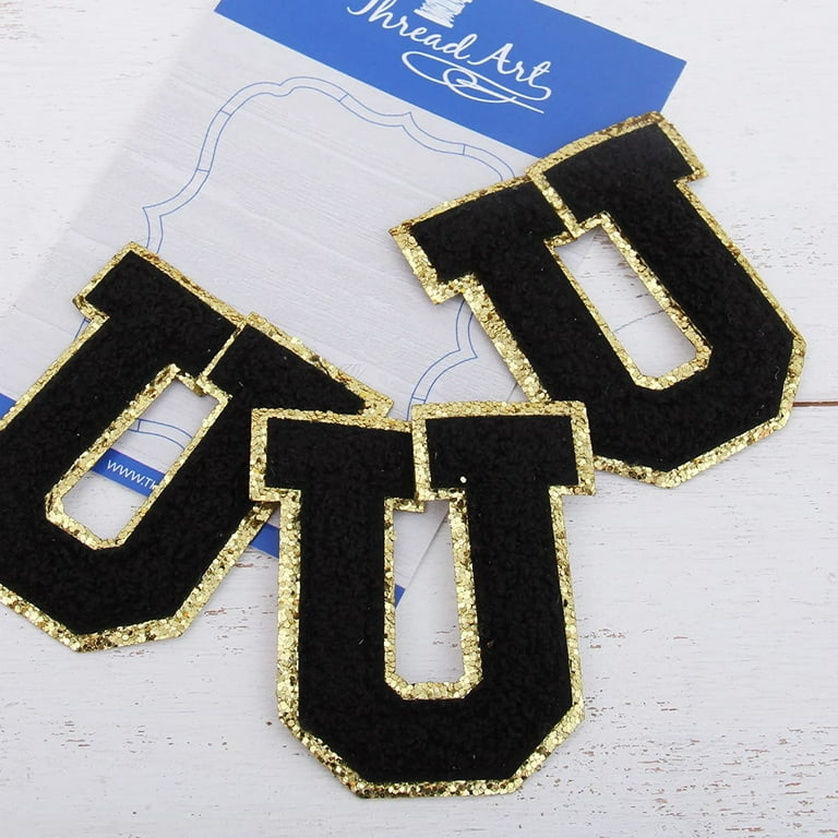 3 Pack Chenille Iron On Glitter Varsity Letter V Patches - Black Chenille  Fabric With Gold Glitter Trim - Sew or Iron on - 5.5 cm Tall 