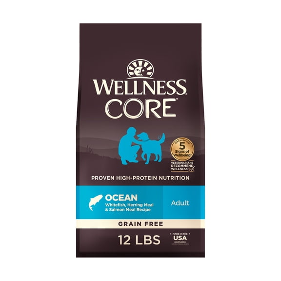Wellness CORE Dry Dog Food, Grain Free, High Protein, Natural, Ocean Whitefish, Herring, & Salmon Recipe, (12-Pound Bag)