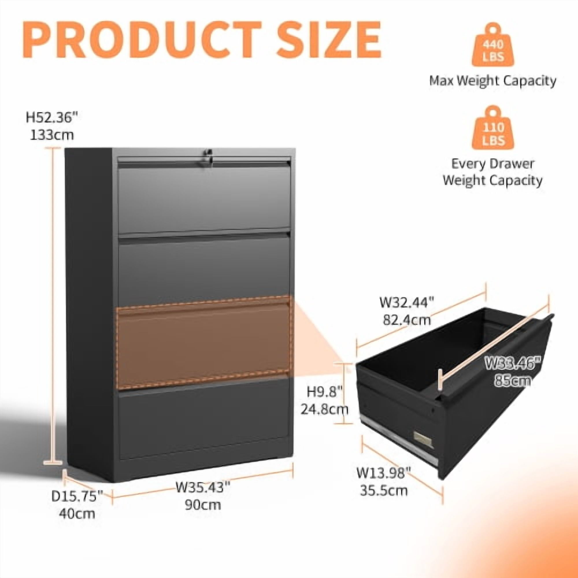 Lateral File Cabinet 4 Drawer, Black Filing Cabinet with Lock, Lockable File Cabinet for Home Office, Locking Metal File Cabinet for Legal/Letter/A4/F4 Size