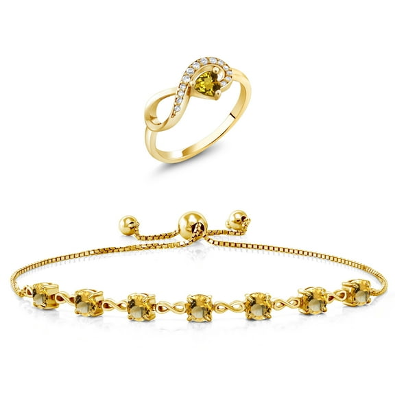 Gem Stone King 18K Yellow Gold Plated Silver Yellow Citrine Ring and Bracelet Jewelry Set for Women | 2.63 Cttw | Gemstone November Birthstone | Heart Shape 4MM | Round 4.5MM | Size 5