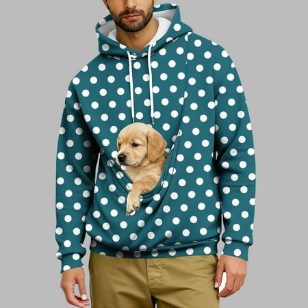 Dolkfu Hoodie for Men Polka Dot Fleece Pet Pouch Sweatshirts Drawstring Pullover Hooded Mens Shirts 2X