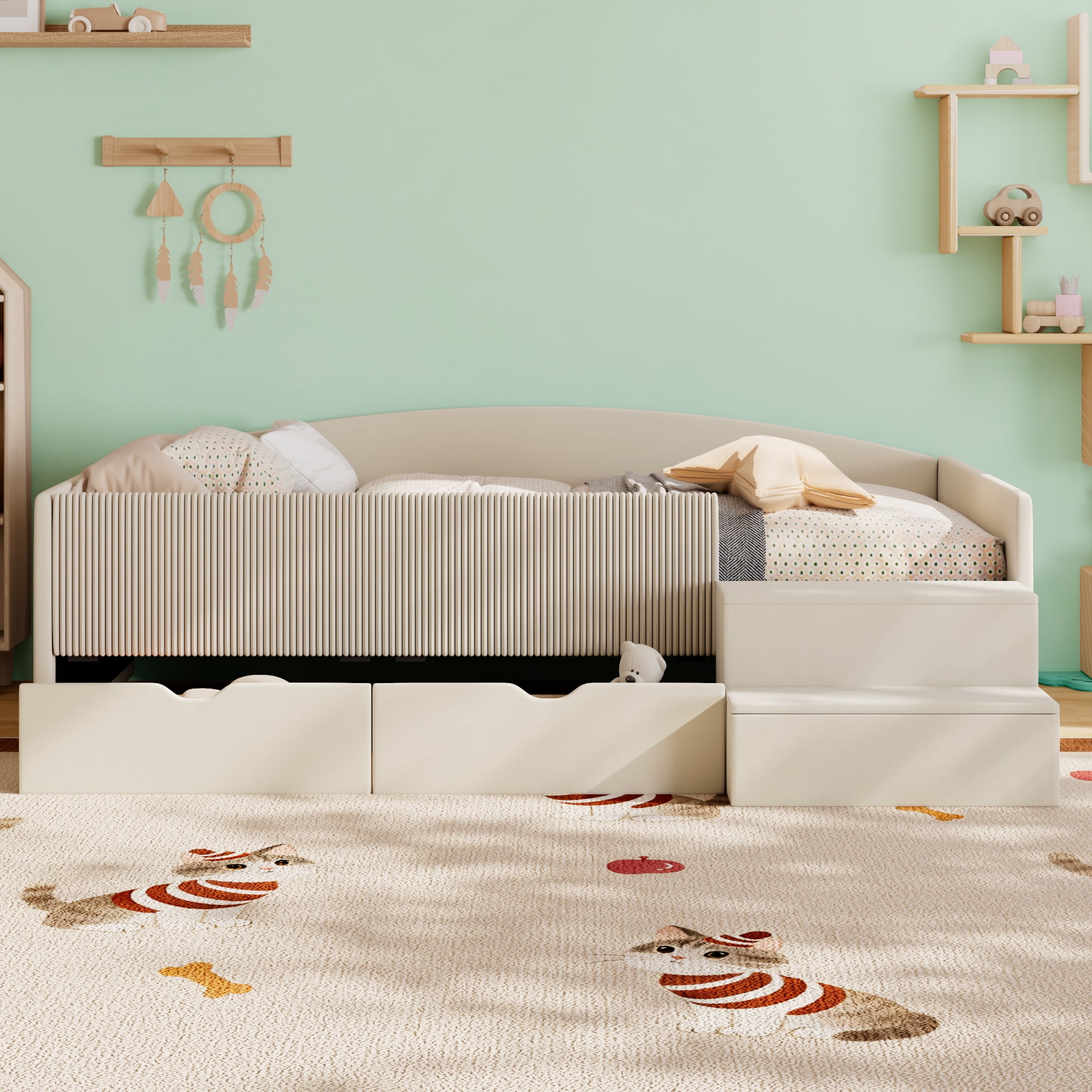 Mintazer Twin Size Upholstered Floor Daybed Frame with Safety Guardrail & 2 Storage Drawers & Stairs for Todder Kids, Beige