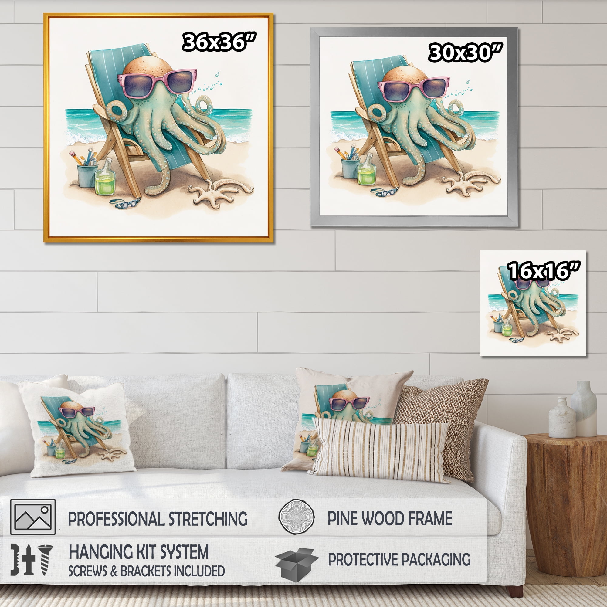 Designart Octopus On The Beach II Canvas Wall Art