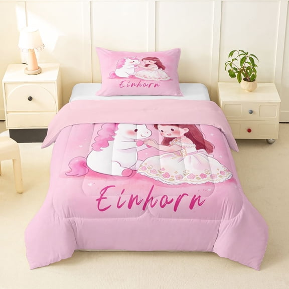 Manfei Dreamy Princess Twin Comforter Sets,Cute Unicorn Bedding Set,Pink,Pink Reversible,2pcs,1 Comforter and 1 Pillowcase