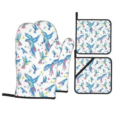 

Oven Mitts and Pot Holders Sets 4 pcs Classic Watercolor Cute Parrot Non-Slip Oven Gloves Potholders Soft Quilted Lining Heat Resistant Gloves Hot Pads for Kitchen Cooking Baking