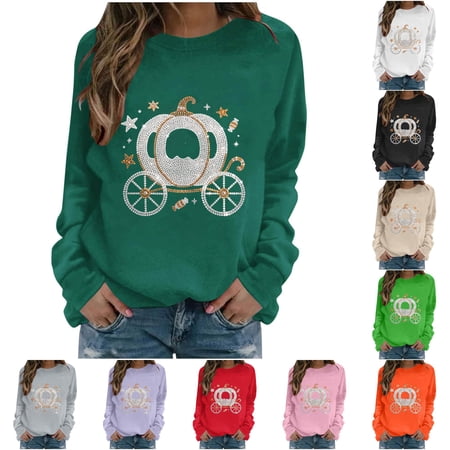 Rggeeun Crew Neck Sweatshirts Women Oversized Sweatshirt Halloween Cute Graphic Long Sleeve Pullover Gym Fashion Bronze L