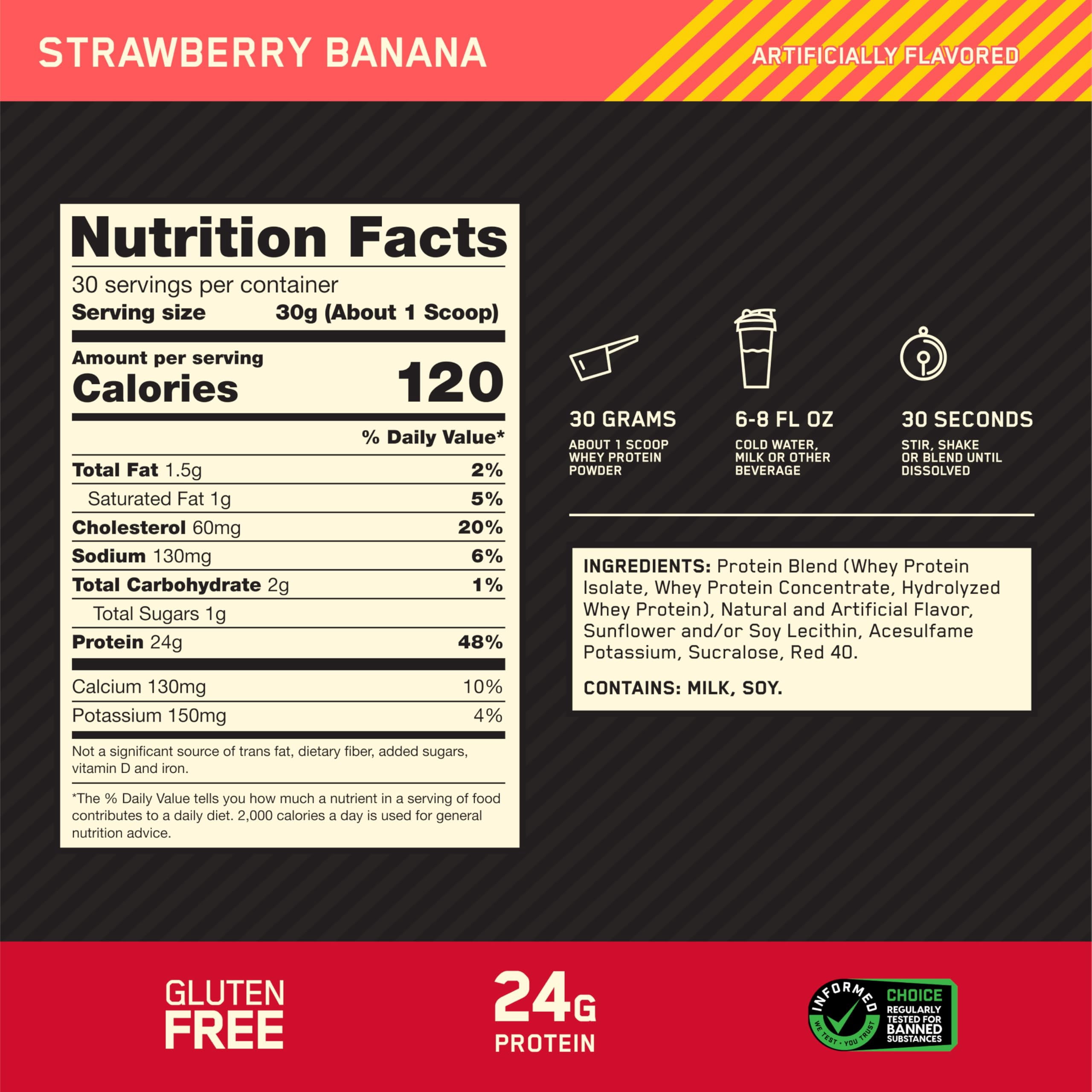 Optimum Nutrition, Gold Standard 100% Whey Protein Powder, 24 g Protein, Strawberry Banana, 2 lb, 30 Servings