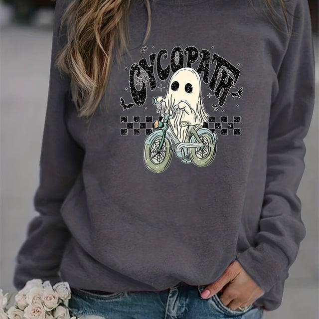 Sudadera Con Estampado De Fantasmas De Halloween, Sudadera Informal De Manga Larga Con Cuello Redondo, Ropa De Mujer