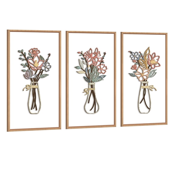 3D Wooden Floral Wall Art Framed Vintage Vase Flowers Wall Decor Colorful Botanical Wall Sculptures Modern Minimalist Artwork Set of 3 for Farmhouse Living Room Bedroom 8X16 In