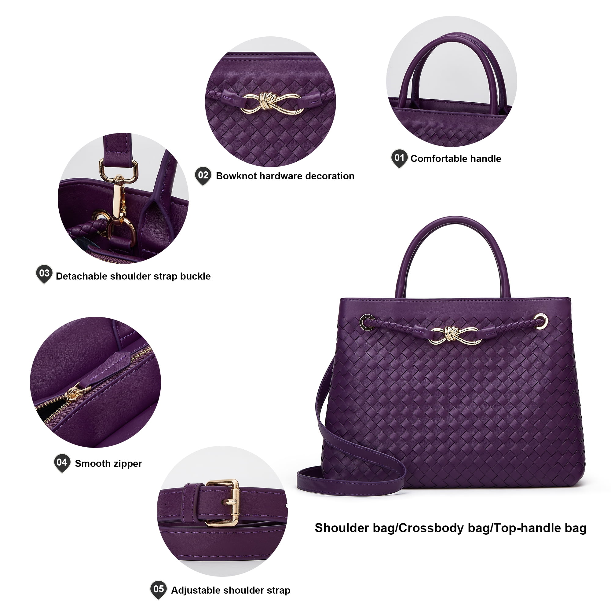Woven Bag for Women Shoulder Purse: Vegan Leather Handbag - Handmade Tote Bag - Elegant Satchel Bag with Bowknot (Purple Color)