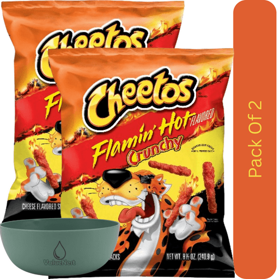 Cheetos Crunchy Cheese Flamin' Hot Flavored Snacks, 8.5 oz Bag With Olive Green Bowl By ValueNest
