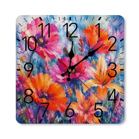 RKSupls 10×10inch Square Silent Wall Clock Wooden Frame, Colorful Poppies Lilies Garden Scale Decorative Clock for Home Bedroom Living Room Office