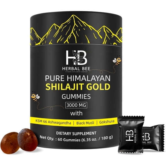 Herbal Bee Pure Himalayan Shilajit Gummies with Ashwagandha, Natural Energy Supplement, 60 Count