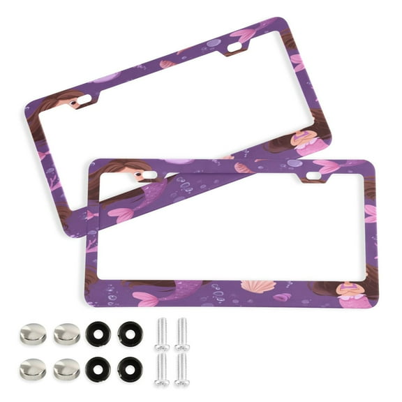 2 Pack Aluminum Alloy License Plate Frame Universal Car License Plate Cover with 2 Holes with Free Screws Cute Pink Mermaids