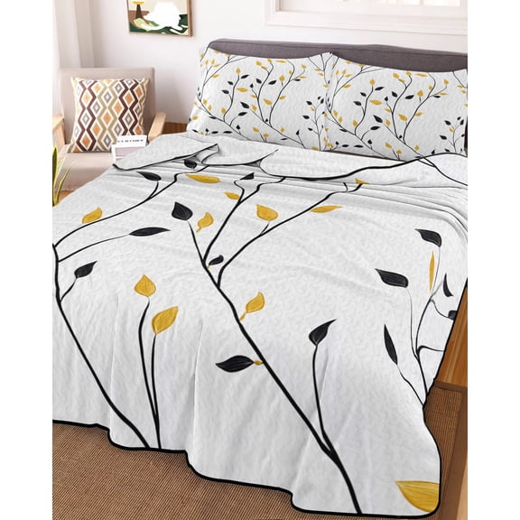 Yellow Black Leaves King Size Down Alternative Comforter, Lightweight Comforter Quilt Bedding Set with Pillow Shams Rustic Botanical Branches All Seasons Bed Comforter Duvet Insert 96"x106"