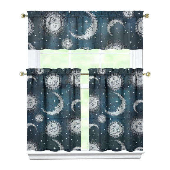 Kitchen Curtains 36 Inch Short - 3 Panel Set, Gothic Celestial Sun and Moon Print, Mystical Starry Night Astrology Aesthetic, Rod Pocket Window Curtain, Easy Wash