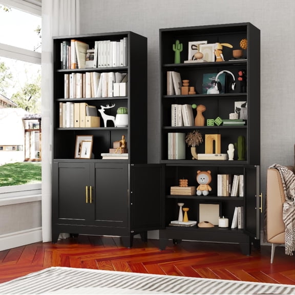 Tokawa Bookcase with Doors and Cabinet, Freestanding Metal Bookshelf with 6-Tier Adjustable Shelves, Large Open Bookshelves Storage Display Shelf for Home Office, Living Room