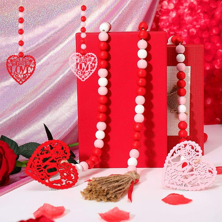 Valentine's Day Wood Bead Garland Rustic Valentine Decor, Red