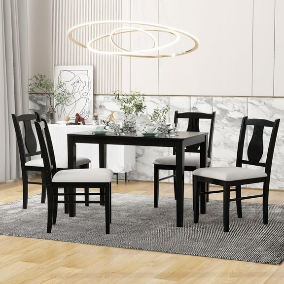 5 Piece Dining Table Set for 4, Modern Table and Chairs Set, Home Kitchen Breakfast Table Set with 4 Cushioned Chairs, Wood Dining Room Table Set for Small Spaces, Black, D6755