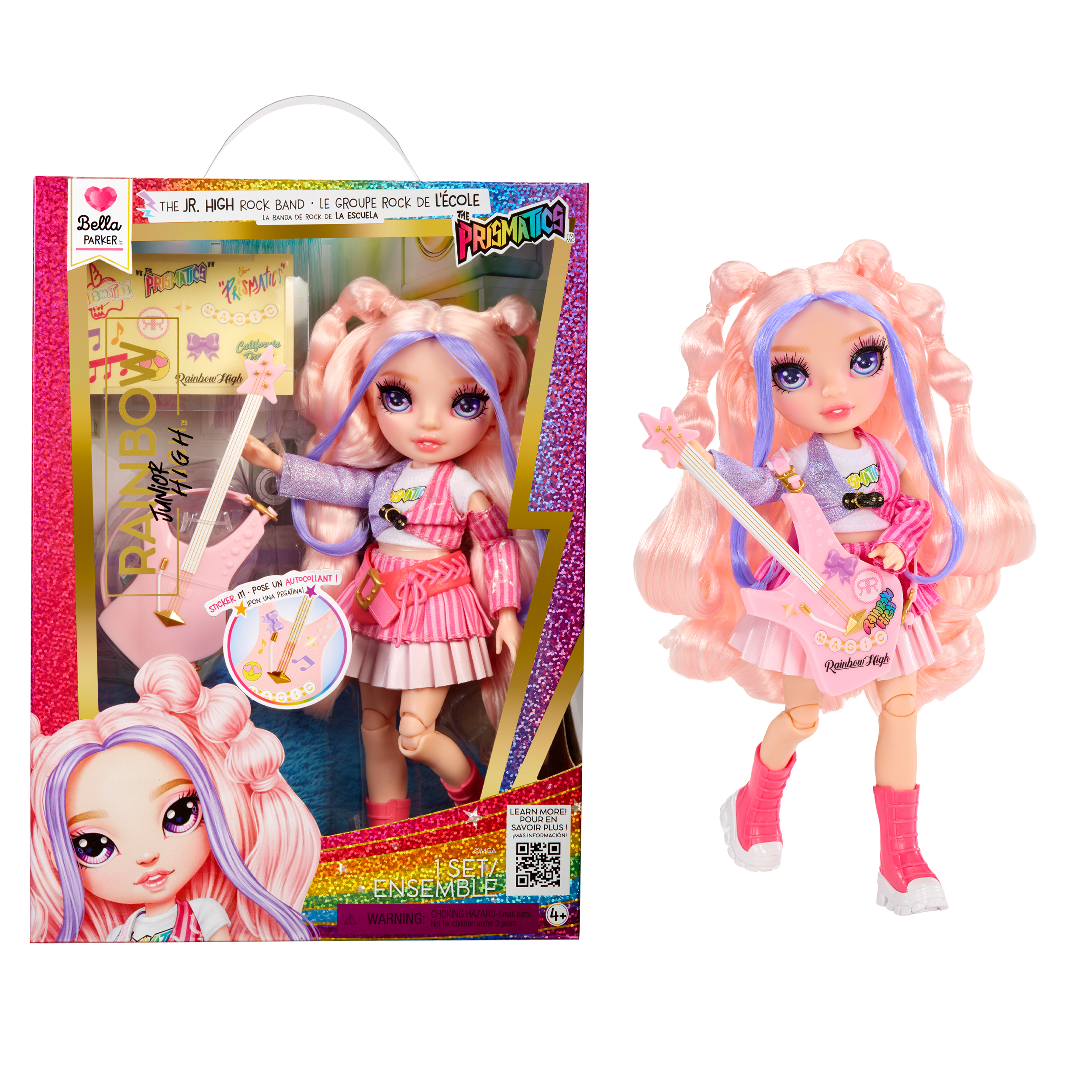 Rainbow High Jr High Rock Band - Bella, Pink 9” Fashion Doll with Guitar, Customize with Stickers