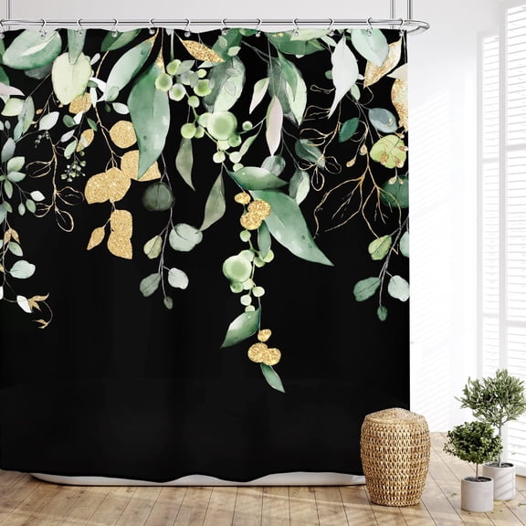 Black Green Eucalyptus Shower Curtain 72Wx72L Inches Watercolor Botanical Earthy Leaves Plants Bathroom Herbs Nature Bath Accessories Art Home Decor Fabric 12 Pack Hooks