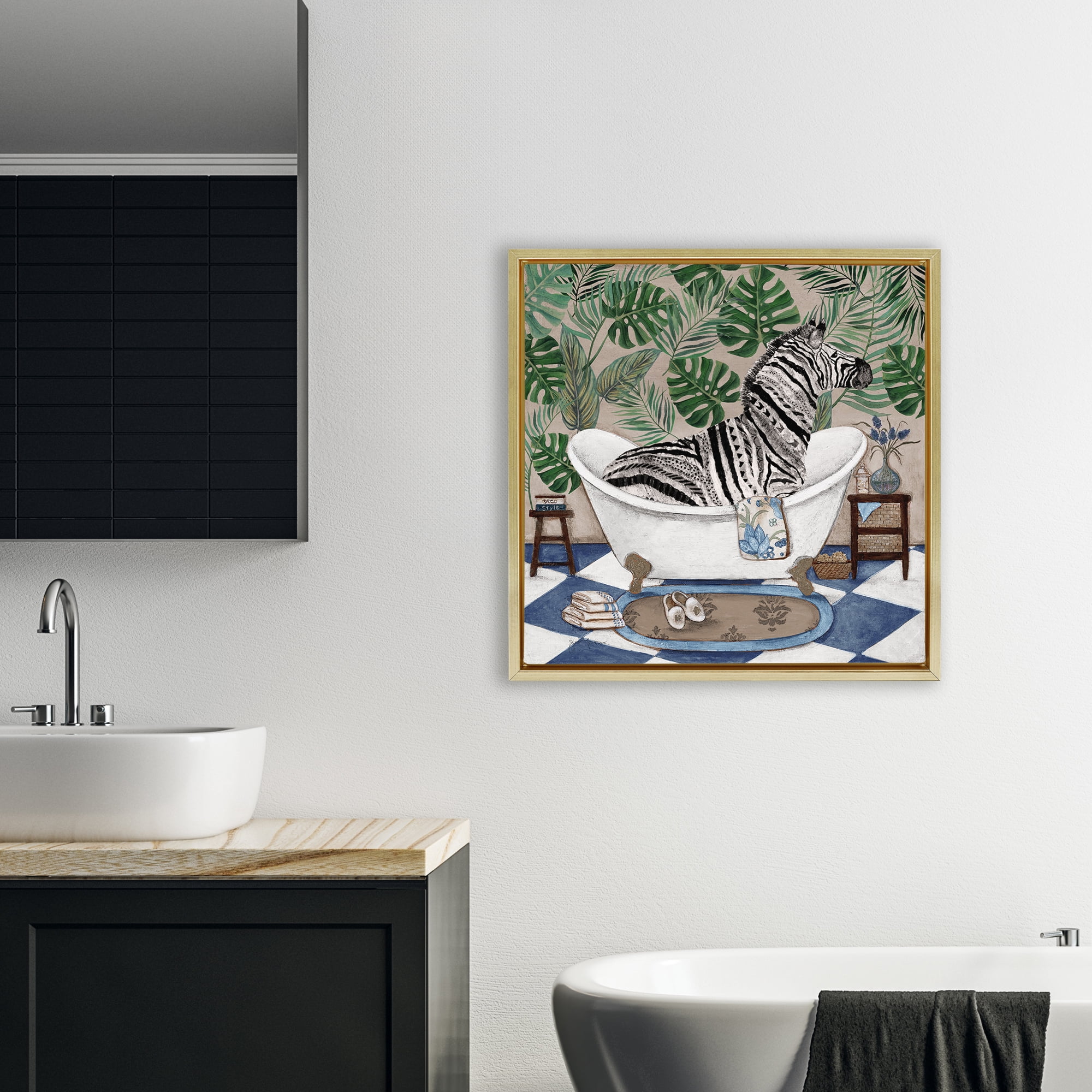 Stupell Industries Zebra in Tropical Bathtub Gold Framed Floater Canvas Wall Art, design by Janet Tava