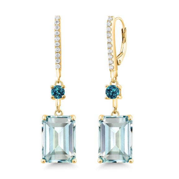 Gem Stone King 18K Yellow Gold Plated Silver Sky Blue Simulated Aquamarine and London Blue Topaz Drop Dangle Earrings for Women | 14.24 Cttw | Emerald Cut 14X10MM