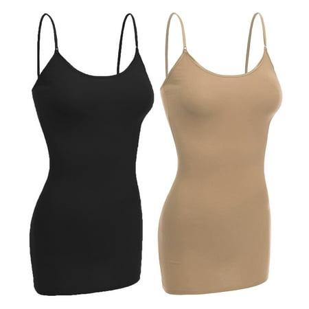

Women & Juniors Basic Layering Built in Bra Spaghetti Strap Long Cami Top Tank