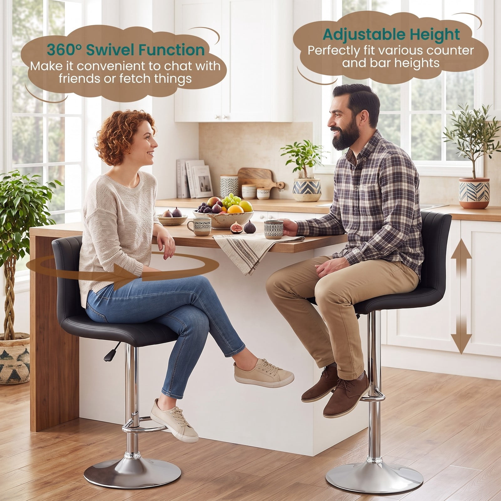 Furnibear Adjustable Swivel Bar Stools Set of 2, 360-Degree Counter Height Barstools with Backrest and Footrest, Faux Leather Padded Kitchen Island Chairs with, Black